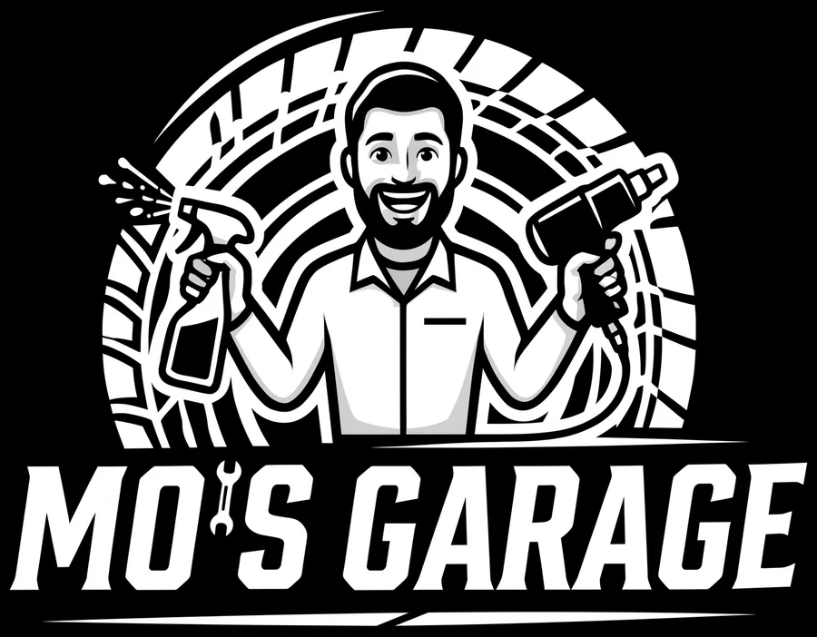 Logo von Mo's Garage: Mo mit Sprühflasche und Schlagschrauber vor einem Reifen